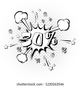 Discount 30 percent comic style on background with bubbles. Comic bang with thirty percent. Pop art retro style. Realistic puffs smoke and stars, gifts, trolley, percentages. Vector illustration