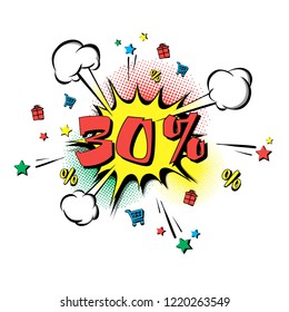Discount 30 percent comic style on background with bubbles. Comic bang with thirty percent. Pop art retro style. Realistic puffs smoke and stars, gifts, trolley, percentages. Vector illustration