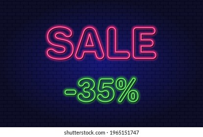 Discount 35 percent off. Neon design element. Glowing Vector Text.