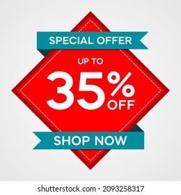 Descuento de hasta el 35 por ciento, etiqueta promocional sobre pegatinas de color rojo aisladas en fondo blanco, oferta especial descuento para promoción de ventas. ilustración de plantilla de vector