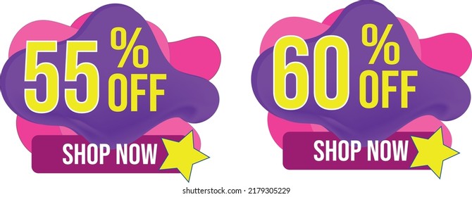 Descuento etiquetas de forma de pancarta 3d. Burbujas de discurso de oferta especial. Icono de la etiqueta de precio del cupón de venta. Banner de cinta con descuento de 5 y 10 por ciento. Mensaje de etiqueta de precio de venta. Globo de diálogo de promoción.