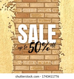 Discount 3d poster with white text Sale on brown brick wall with gold texture on the sides. Vintage banner design. Vector illustration.