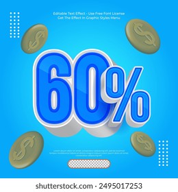 Discount 3d vector number 60 percentage with transparent gradient blue color