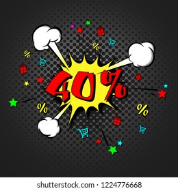 Discount 40 percent comic style on background with bubbles. Comic bang with forty percent. Pop art retro style. Realistic puffs smoke and stars, gifts, trolley, percentages. Vector illustration