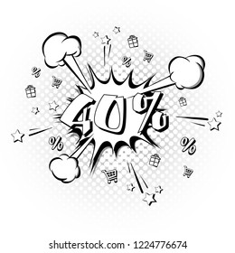 Discount 40 percent comic style on background with bubbles. Comic bang with forty percent. Pop art retro style. Realistic puffs smoke and stars, gifts, trolley, percentages. Vector illustration