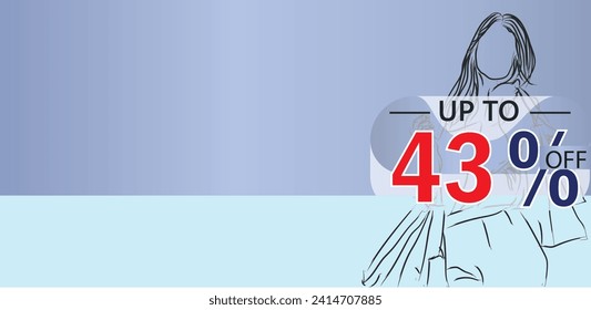 discount of up to 43 percent off on a product or service, illustration shopping girl lineart design