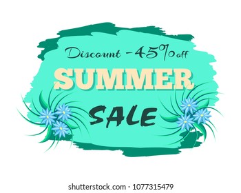 Discount 45 percent off summer sale advertisement label with gentle blue flowers, promo sticker design, deal tag emblem with info about promotion vector isolated