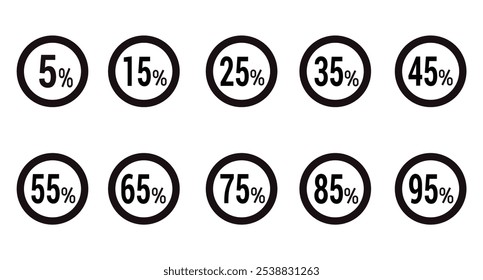 discount 5% to 95% icon vector a black circular icon with background set.