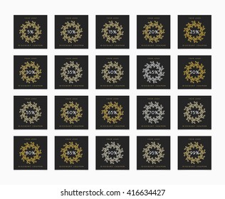 Discount of 5 to 99 percent. Set of discount cards . Discounts price tag. Sale discount. Black Friday. Cards discount. Discount monogram