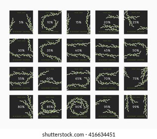 Discount of 5 to 99 percent. Set of discount cards . Discounts price tag. Sale discount. Black Friday. Cards discount. Discount monogram
