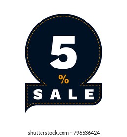 Discount 5%. Flat design. Percentage discount and the inscription is for sale, white inscription on the background of a dark circle sewn sewing line. Vector illustration.