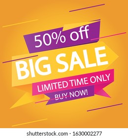 Discount 50 % off - advertising vector banner in origami retro style. Big sale layout. Special offer concept sticker.