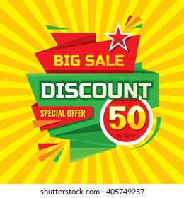 Discount 50 % off - advertising vector banner in origami retro style. Big sale layout. Special offer concept sticker. 