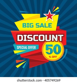 Descuento del 50 % fuera - banner de vector de publicidad en estilo retro origami. Diseño de gran venta. Etiqueta de concepto de oferta especial. 