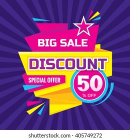 Discount 50 % off - advertising vector banner in origami retro style. Big sale layout. Special offer concept sticker. 