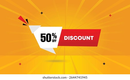 Discount 50% off editable web banner vector art icon label illustration template design with red gradient white shapes orange yellow abstract business background in 4k high quality unique style