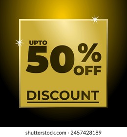 Discount up to 50% off on golden shiny square box. Special offer 50% banner. Sale off discount promotion set made of numbers. 50% percent discount.
