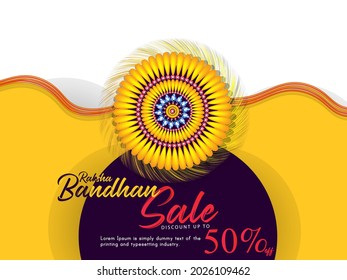 Discount 50% off sale banner with beautiful rakhi (wristband) on ornamental background for Happy Raksha bandhan.