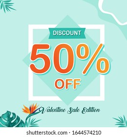 Discount 50% Off Super Sale of Happy Valentine’s Day Sale on Tosca and Pastel Theme for Social Media Post. Online Shop and Business. Vector Illustration. Promotion and Advertisement