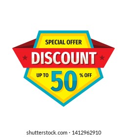 Discount up to 50% off - tag badge vector design. Special offer emblem sticker in vintage retro style. 