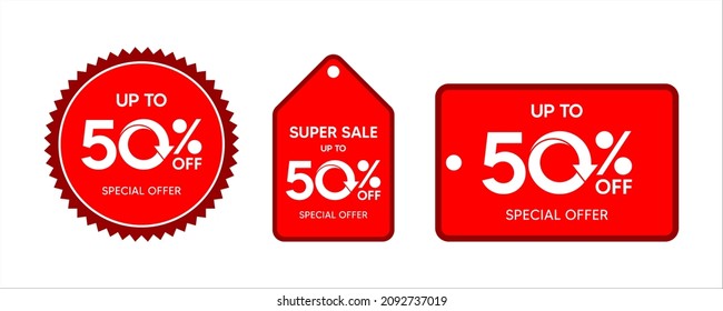 Discount up to 50 percent, promotion label on red color sticker isolated on white background, special offer sales promotion discount. vector template illustration