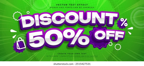 Discount 50 percent text effect on green color background, special offer vector graphic style