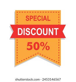 discount 50% ribbon style badge form best price best deal discount big offer cheap price sheet yellow and red badge yellow background