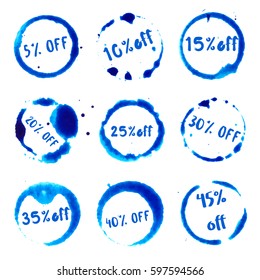 Discount 5-45% off collection of round watercolor stains with 5-45% off text. Set of vector Discount 5-45% off stamps.