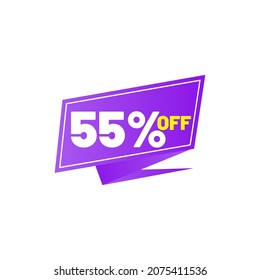 Discount with 55% sale tag isolated in white background. 55% off discount tag, sticker, label, sign, symbol, emblem for promotional advertising campaign.