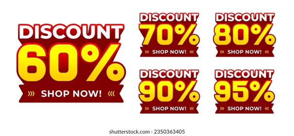 Discount 60, 70, 80, 90, 95 percent label with 3d extrude style effect font. for emblem, badge, banner, icon. Promotion design set vector illustration isolated on white background