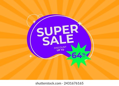 Discount up to 64% off Super sale. Sixty four percent off promotion. Super sale business banner on rays orange background. Eps 10 vector illustration.