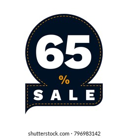 Discount 65%. Flat design. Percentage discount and the inscription is for sale, white inscription on the background of a dark circle sewn sewing line. Vector illustration.