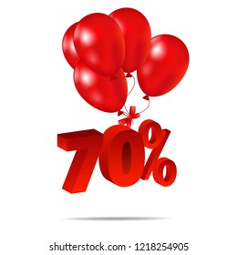 discount 70, 3D, red balloons isolated on white background, vector