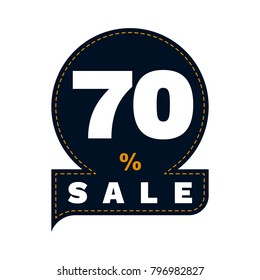 Discount 70%. Flat design. Percentage discount and the inscription is for sale, white inscription on the background of a dark circle sewn sewing line. Vector illustration.