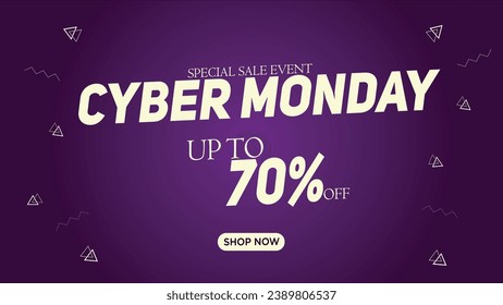 Discount Up to 70% off "Cyber Monday" purple sale banner template vector illustration graphics, perfect for promoting your business and website. EPS editable format.