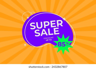 Discount up to 85% off Super sale. Eighty five percent off promotion. Super sale business banner on rays orange background. Eps 10 vector illustration.