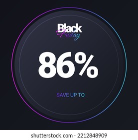 Discount 86 percent concept. Round neon button. Cheap goods, favorable offer for regular customers. Poster or banner for site. Interface for programs and applications. Cartoon flat vector illustration