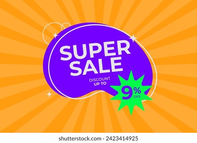 Discount up to 9% off Super sale. Nine percent off promotion. Super sale business banner on rays orange background. Eps 10 vector illustration.