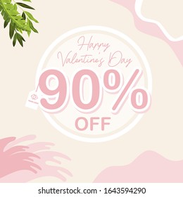 Discount 90% Off Super Sale of Happy Valentine’s Day Sale on Pink and Pastel Theme for Social Media Post. Online Shop and Business. Vector Illustration. Promotion and Advertisement