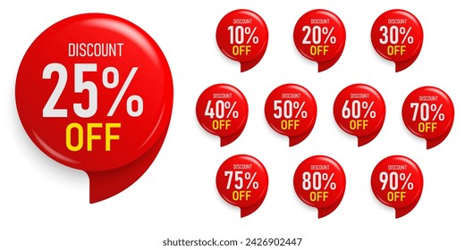 Discount up to 90 percent. Button sticker mockup banner. Promotion sticker badge set for shopping marketing and advertisement clearance sale, special offer, Save money. Vector illustration.