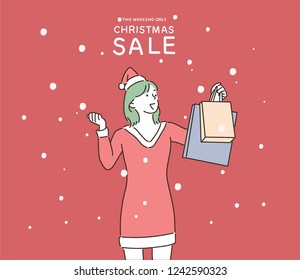 A discount advertisement for a female character dressed in Christmas costume. hand drawn style vector design illustrations.