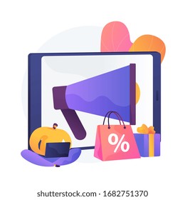 Discount advertising. Shopping event promotion, mobile market, customer attraction. Smm manager cartoon character. Adman working with computer. Vector isolated concept metaphor illustration