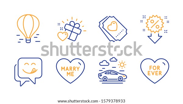 Discount, Air balloon and Love ticket line icons\
set. Yummy smile, Love gift and Car travel signs. Marry me, For\
ever symbols. Sale shopping, Flight travel. Holidays set. Line\
discount icon.\
Vector