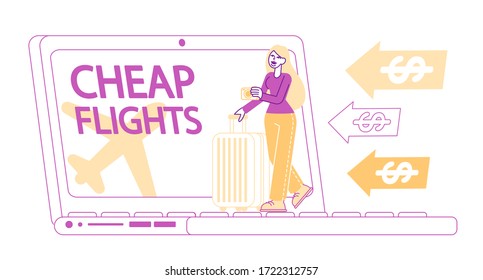 Discount Airline Offer, Cheap Flight, Travel Budget Concept. Tiny Female Character with Baggage Stand at Huge Laptop with Low Cost Tickets Offer for Airplane Traveling. Linear Vector Illustration