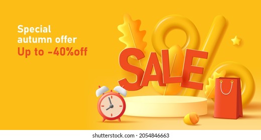 Discount autumn banner with 3d render illustration of podium with volume sale letters and clock with shopping bag, fall leaves around it