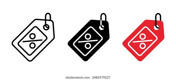 Icono de insignia de descuento. Ilustración vectorial de compras con descuento. Símbolo de Precio Bajo costo. Etiqueta de oferta especial. Etiqueta de publicidad barata. Venta de signo rojo. Cupón de promoción aislado.