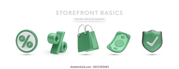 Discount Badge, Percent Symbol, Shopping Bag, Money, and Shield with Checkmark in Minimal 3D Style. Suitable for Retail, Sale Banners, and Secure Checkout Design. Vector Illustration.