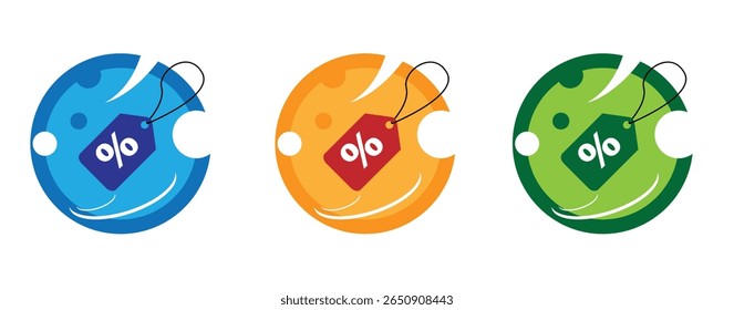 Discount Badge Round Emblem Different Colors Flat Style. Graphic design elements and resources, sale announcement space concept vector art