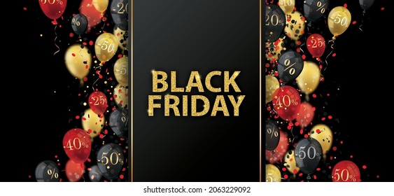Discount balloons with percents and confetti on a black background. Eps 10 vector file.
