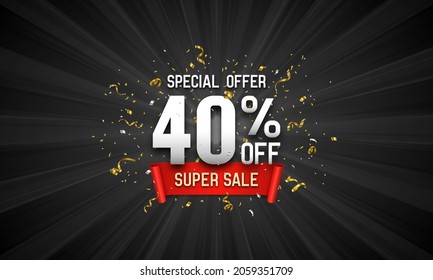 Discount banner 40% off. Promotion poster with confetti and red ribbon. Vector illustration.